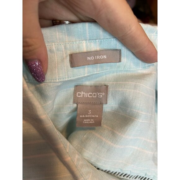 Chico's Turquoise NO Iron Striped LINEN Sleeveless Blouse Sz 3 (L) Buttons - Picture 7 of 8